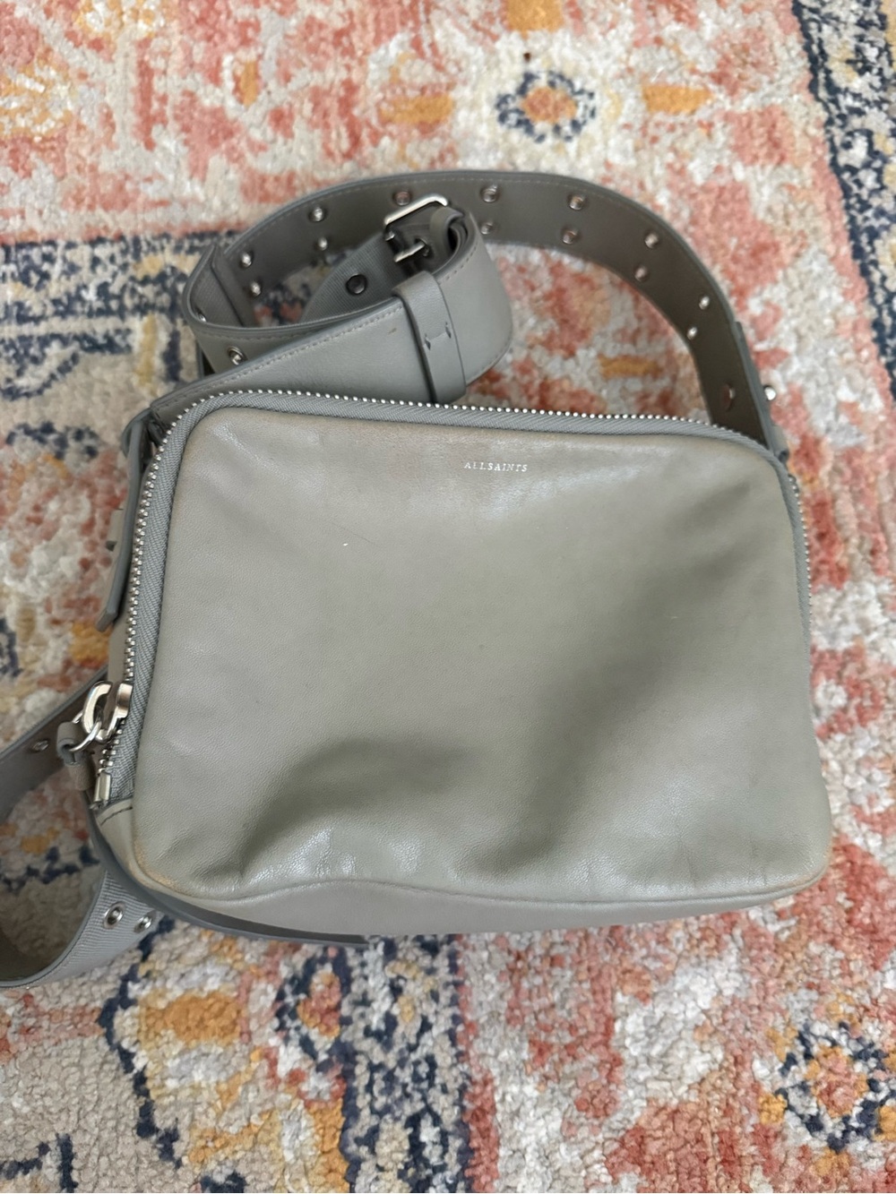 ALLSAINTS Gray Leather Grommet Strap Crossbody Bag